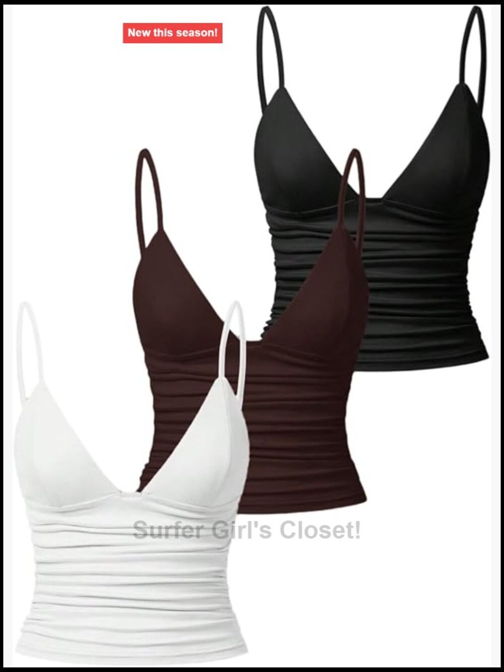 3 Pack Crop Cami Tops Deep V Neck Spaghetti Strap Ruched Slim Fit Womens